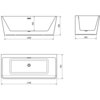 Na zdjęciu widoczne są trzy rysunki techniczne wanny wolnostojącej, przedstawiające jej wymiary: 1700 x 750 mm, 1500 x 580 mm oraz 650 mm. Rysunki zawierają oznaczenia wymiarów w milimetrach oraz prostokątny kształt wanny z przelewem.