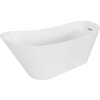 Biała wanna wolnostojąca o opływowym kształcie, z przelewem w kolorze niklu szczotkowanego. Produkt ma gładką powierzchnię i elegancki design.