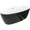 Biała i czarna wanna wolnostojąca o wzorze zewnętrznym z przelewem w kolorze różowego złota. Produkt ma elegancki, nowoczesny design z geometrycznym wzorem na zewnętrznej powierzchni.