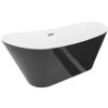 Biała wanna wolnostojąca z czarną zewnętrzną powierzchnią i przelewem w kolorze różowego złota. Produkt ma elegancki, nowoczesny design.