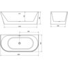 Na zdjęciu znajduje się techniczny rysunek wanny wolnostojącej o wymiarach 1800 x 800 mm, z widocznymi oznaczeniami wymiarów: 1550 mm, 450 mm, 580 mm, 690 mm, 900 mm. Wanna ma owalny kształt z przelewem i odpływem, a rysunek przedstawia widok z boku, z przodu oraz z góry.