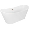 Biała wanna wolnostojąca o opływowym kształcie z widocznym przelewem w kolorze różowego złota. Produkt ma gładką powierzchnię i elegancki design.