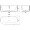 Na zdjęciu znajduje się techniczny rysunek wanny wolnostojącej o wymiarach 170 x 80 cm, z widocznymi oznaczeniami wymiarów: 1540 mm, 455 mm, 580 mm, 640 mm, 1700 mm i 800 mm. Wanna ma owalny kształt z ryflowaną powierzchnią i przelewem, a rysunek przedstawia widok z góry oraz z boku.