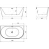 Schemat przedstawia wymiary wanny wolnostojącej o owalnym kształcie, z widocznymi oznaczeniami: 1400 x 750 mm, 1150 x 580 mm, 690 mm oraz 450 mm. Na rysunku zaznaczono również otwór przelewowy i odpływowy.