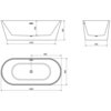 Na zdjęciu widoczne są trzy rysunki techniczne wanny wolnostojącej z wymiarami: 1800 x 800 mm, 1450 x 580 mm oraz 650 mm wysokości. Rysunki przedstawiają widok z boku, z przodu oraz z góry, z zaznaczonymi wymiarami i otworem przelewowym.