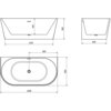Na zdjęciu widoczne są trzy rysunki techniczne wanny wolnostojącej o wymiarach 160 x 80 cm, z oznaczeniami: 1350 mm, 450 mm, 580 mm, 690 mm, 800 mm i 1600 mm. Wanna ma owalny kształt z przelewem i niklowanym wykończeniem.