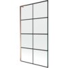 Jednoskrzydłowy parawan nawannowy o wymiarach 100 x 150 cm z czarną kratką i wykończeniem w kolorze różowego złota. Produkt ma prostokątny kształt z widocznymi pionowymi i poziomymi liniami tworzącymi kratkę.