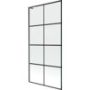 Jednoskrzydłowy parawan nawannowy o wymiarach 90 x 150 cm z czarną kratką i szczotkowanym wykończeniem w kolorze gun gray. Produkt ma prostokątną formę z metalową ramą i przezroczystymi panelami podzielonymi na mniejsze prostokąty.