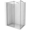 Na zdjęciu znajduje się ścianka prysznicowa typu walk-in z ramką w kolorze gun metal, o wymiarach 120 x 120 cm, wykonana z przezroczystego szkła o grubości 8 mm. Ścianka jest umieszczona w narożniku wyłożonym płytkami imitującymi marmur.