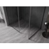 Na zdjęciu znajduje się ścianka prysznicowa typu walk-in z ramką, wykonana z przezroczystego szkła o grubości 10 mm, w kolorze gun gray szczotkowanym. Podłoga i ściany są wyłożone płytkami w odcieniach szarości, a obok ścianki stoi czarny stolik z butelką.