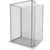 Przedstawiono ściankę prysznicową typu walk-in o wymiarach 120 x 100 x 30 cm z czarną ramką i niklowanym wykończeniem, umieszczoną na marmurowej podłodze. Ścianka ma prostokątny kształt i przezroczyste szkło, a w tle widoczna jest marmurowa ściana.