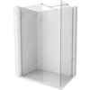 Przedstawiono ściankę prysznicową typu walk-in o wymiarach 130 x 100 cm, wykonaną z przezroczystego szkła o grubości 10 mm, z chromowanymi elementami mocującymi. Ścianka jest umieszczona w narożniku z marmurowymi ścianami, a na górze widoczny jest wspornik stabilizujący.