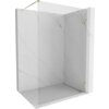 Przedstawiono ściankę prysznicową typu walk-in o wymiarach 100 x 200 cm, wykonaną z transparentnego szkła o grubości 8 mm, z elementami w kolorze złotym. Ścianka jest zamontowana w narożniku z marmurowymi ścianami.