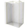 Przedstawiono ściankę prysznicową typu walk-in z ramką w kolorze złotym szczotkowanym, zamontowaną na tle ścian o wzorze marmuru. Produkt ma wymiary 90 x 80 cm i wykonany jest z przezroczystego szkła o grubości 8 mm.