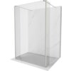 Przedstawiono ściankę prysznicową wolnostojącą o wymiarach 95 x 30 x 30 cm, wykonaną z transparentnego szkła i wykończoną w niklu szczotkowanym. Produkt ma prostą konstrukcję z metalowymi wspornikami i jest umieszczony na tle imitującym marmur.