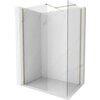 Przesłane zdjęcie przedstawia ściankę prysznicową typu walk-in o wymiarach 130 x 110 cm, wykonaną z przezroczystego szkła o grubości 10 mm, z elementami w kolorze złotym. Ścianka jest umieszczona w narożniku z marmurowymi ścianami.