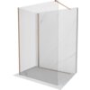 Przesłane zdjęcie przedstawia ściankę prysznicową typu walk-in o wymiarach 130 x 80 cm, wykonaną z przezroczystego szkła z elementami w kolorze miedzi szczotkowanej. Ścianka jest umieszczona na tle imitującym marmur, z widocznymi delikatnymi żyłkami.