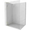 Przedstawiono ściankę prysznicową typu walk-in o wymiarach 100 x 200 cm, wykonaną z transparentnego szkła o grubości 8 mm, z elementami w kolorze złotym szczotkowanym. Ścianka jest umieszczona w narożniku z marmurowymi ścianami.