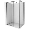 Przedstawiono ściankę prysznicową typu walk-in z czarną ramką, zamontowaną na tle ścian o wzorze marmuru. Produkt jest transparentny, a jego wymiary to 120 x 95 cm.