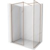 Przedstawiono ściankę prysznicową typu walk-in z ramką w kolorze miedzi szczotkowanej, zamontowaną na tle ścian o wzorze marmuru. Produkt ma wymiary 115 x 80 cm i wykonany jest z przezroczystego szkła o grubości 8 mm.