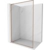Przedstawiono ściankę prysznicową typu walk-in z ramką w kolorze miedzi szczotkowanej, zamontowaną na tle ścian o wzorze marmuru. Produkt ma wymiary 80 x 202 cm i wykonany jest z przezroczystego szkła o grubości 8 mm.