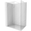 Przedstawiono ściankę prysznicową typu walk-in o wymiarach 140 x 110 cm, wykonaną z przezroczystego szkła o grubości 10 mm, z białymi elementami konstrukcyjnymi. Ścianka znajduje się w przestrzeni wyłożonej jasnymi płytkami z delikatnym wzorem przypominającym marmur.