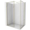 Przedstawiona jest ścianka prysznicowa typu walk-in z przezroczystego szkła o grubości 8 mm, z ramką w złotym kolorze. Ścianka ma wymiary 80 x 75 cm i jest umieszczona na tle ścian z białego marmuru.