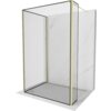 Na zdjęciu znajduje się ścianka prysznicowa typu walk-in z czarną ramką i złotymi, szczotkowanymi elementami. Produkt ma wymiary 100 x 80 x 30 cm i jest ustawiony na tle ściany z jasnego marmuru.