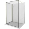 Przedstawiona jest ścianka prysznicowa typu walk-in o wymiarach 110 x 100 cm z czarną ramką i złotymi elementami, umieszczona na tle imitującym marmur. Produkt ma prostą, nowoczesną konstrukcję z przezroczystego szkła.