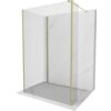 Przeszklona ścianka prysznicowa typu walk-in o wymiarach 115 x 100 x 30 cm, z przezroczystego szkła, z elementami w kolorze złotym. Ścianka jest umieszczona na tle imitującym marmur.