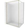 Ścianka prysznicowa Walk-in z ramką w kolorze złotym, o wymiarach 140 x 202 cm, wykonana z matowego szkła o grubości 8 mm, umieszczona w białej przestrzeni z marmurowym wzorem. Produkt ma prostą, elegancką konstrukcję z delikatnym złotym obramowaniem.