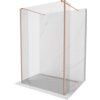 Przedstawiono ściankę prysznicową wolnostojącą o wymiarach 105 x 30 x 30 cm, wykonaną z transparentnego szkła z elementami w kolorze miedzi szczotkowanej. Produkt ma prostą konstrukcję z dwoma pionowymi i dwoma poziomymi wspornikami.