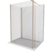 Na zdjęciu znajduje się ścianka prysznicowa typu walk-in o wymiarach 110 x 90 x 30 cm, wykonana z przezroczystego szkła i wykończona w kolorze miedzi szczotkowanej. Ścianka jest umieszczona na tle imitującym marmur.