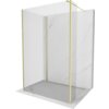 Przedstawiono ściankę prysznicową typu walk-in o wymiarach 110 x 100 x 40 cm, wykonaną z przezroczystego szkła z elementami w kolorze złotym szczotkowanym. Ścianka jest umieszczona na tle imitującym marmur.