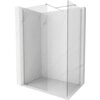 Przedstawiono ściankę prysznicową typu Walk-in o wymiarach 70 x 70 cm, wykonaną z przezroczystego szkła o grubości 10 mm, z elementami w kolorze niklu szczotkowanego. Ścianka jest zamontowana w narożniku z białymi, marmurowymi płytkami.