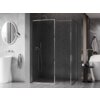 Na zdjęciu znajduje się nowoczesna łazienka z ciemną, elegancką ścianką prysznicową typu walk-in z chromowaną ramką. W tle widoczne są ciemne płytki ułożone w jodełkę, a obok znajduje się wolnostojąca wanna oraz umywalka z okrągłym lustrem.