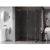 Na zdjęciu znajduje się elegancka ścianka prysznicowa typu walk-in z ramką w kolorze różowego złota, umieszczona na tle ciemnych płytek o wzorze jodełki. Obok widoczna jest wolnostojąca umywalka, okrągłe lustro oraz wieszak z ręcznikiem.