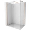 Przesłane zdjęcie przedstawia ściankę prysznicową typu walk-in o wymiarach 150 x 90 cm, wykonaną z przezroczystego szkła o grubości 10 mm, z elementami w kolorze miedzi szczotkowanej. Ścianka jest umieszczona na tle imitującym marmur, z widocznymi miedzianymi profilami i wspornikami.