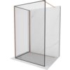 Przedstawiono ściankę prysznicową typu Walk-in o wymiarach 140 x 120 cm z czarną ramką i miedzianymi, szczotkowanymi elementami. Ścianka jest umieszczona na tle imitującym marmur.