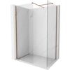 Przedstawiono ściankę prysznicową typu Walk-in o wymiarach 160 x 120 cm, wykonaną z przezroczystego szkła o grubości 10 mm, z elementami w kolorze różowego złota. Ścianka jest zamontowana na tle imitującym marmur.