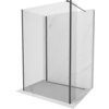 Przedstawiono ściankę prysznicową typu walk-in o wymiarach 90 x 80 x 40 cm, z przezroczystego szkła i czarnymi elementami konstrukcyjnymi. Ścianka jest umieszczona na tle imitującym marmur.