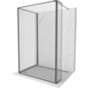 Na zdjęciu znajduje się ścianka prysznicowa typu walk-in z czarną ramką i szczotkowanym wykończeniem w kolorze gun gray. Produkt ma wymiary 110 x 80 x 30 cm i jest ustawiony na tle imitującym marmur.