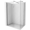 Na zdjęciu znajduje się ścianka prysznicowa typu walk-in o wymiarach 150 x 120 cm, wykonana z przezroczystego szkła o grubości 10 mm, z czarnymi elementami montażowymi. Ścianka jest umieszczona w narożniku wyłożonym jasnymi płytkami z delikatnym wzorem przypominającym marmur.