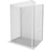 Przedstawiono ściankę prysznicową typu walk-in o transparentnym szkle i białych ramach, ustawioną na marmurowej podstawie. Produkt ma wymiary 110 x 100 x 30 cm.