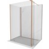 Przedstawiono ściankę prysznicową typu walk-in o wymiarach 110 x 95 x 30 cm, wykonaną z przezroczystego szkła z elementami w kolorze różowego złota. Ścianka jest umieszczona na tle imitującym marmur.