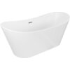 Biała wanna wolnostojąca o eleganckim, zaokrąglonym kształcie z widocznym chromowanym przelewem. Produkt ma gładką powierzchnię i minimalistyczny design.