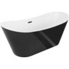 Na zdjęciu widoczna jest wolnostojąca wanna o białym wnętrzu i czarnej zewnętrznej powierzchni, z czarnym przelewem. Produkt ma elegancki, nowoczesny design i zaokrąglone krawędzie.
