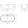 Schemat przedstawia wymiary wanny wolnostojącej o wymiarach 1400 x 750 mm, z oznaczeniami 1140 mm, 600 mm, 450 mm i 580 mm. Widoczne są trzy widoki: z boku, z przodu i z góry, z zaznaczonymi miejscami na przelew i odpływ.