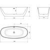 Schemat przedstawia wymiary wanny wolnostojącej o wymiarach 180 x 80 cm, z widocznymi oznaczeniami: 1250 mm, 460 mm, 580 mm, 570 mm, 900 mm, 800 mm i 1800 mm. Na rysunku widoczne są trzy widoki: z przodu, z góry i z boku, z zaznaczonym przelewem i odpływem.