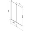Schemat przedstawia dwuskrzydłowy, rozsuwany parawan nawannowy o wymiarach 95 x 150 cm, z oznaczeniami długości 505 mm i 450 mm. Produkt jest transparentny, w kolorze różowego złota, z widocznymi uchwytami i elementami montażowymi.